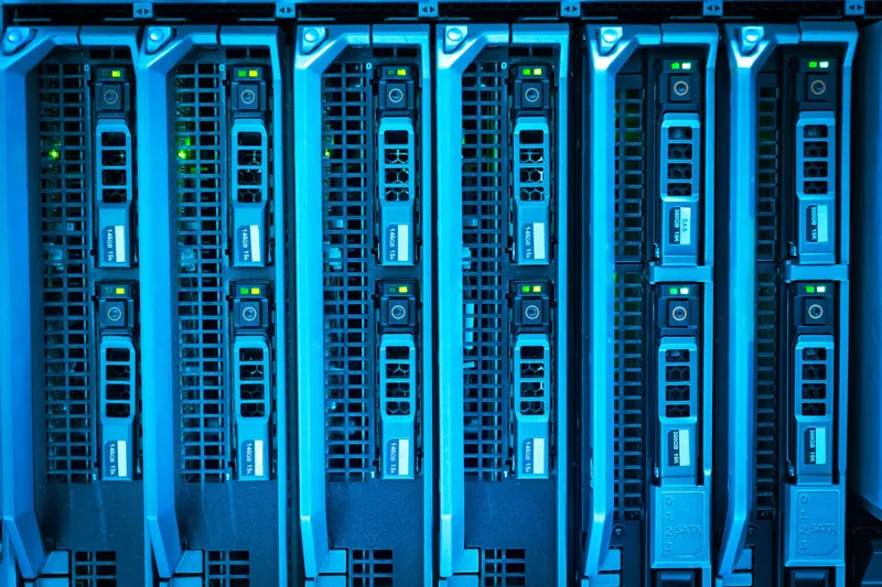 Server in einem Rack, blau beleuchtet